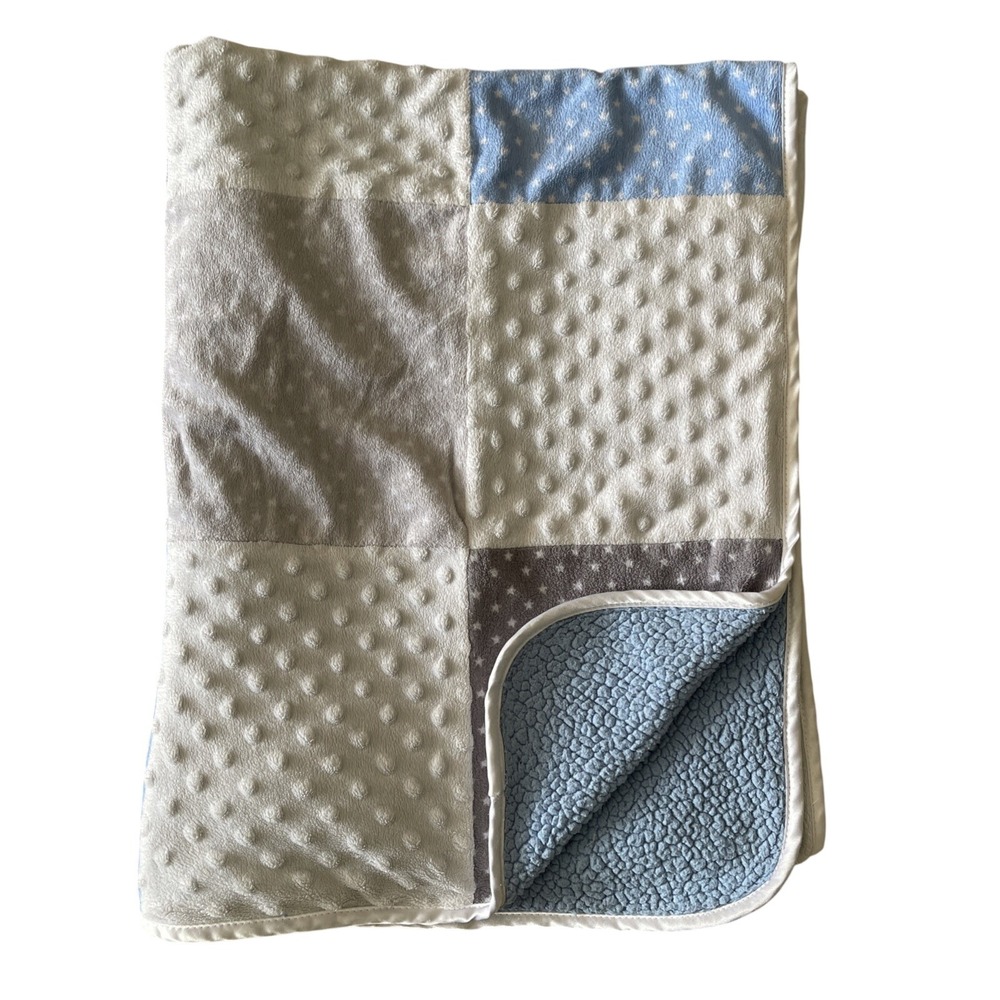 Just Born Baby Blanket Patchwork Blue Grey White Stars Minky Dot Sherpa 30x40